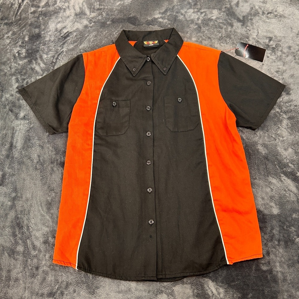 Biker Wear Vintage Button Down Shirt Mens Large Black Orange Cotton Casual Wear‎